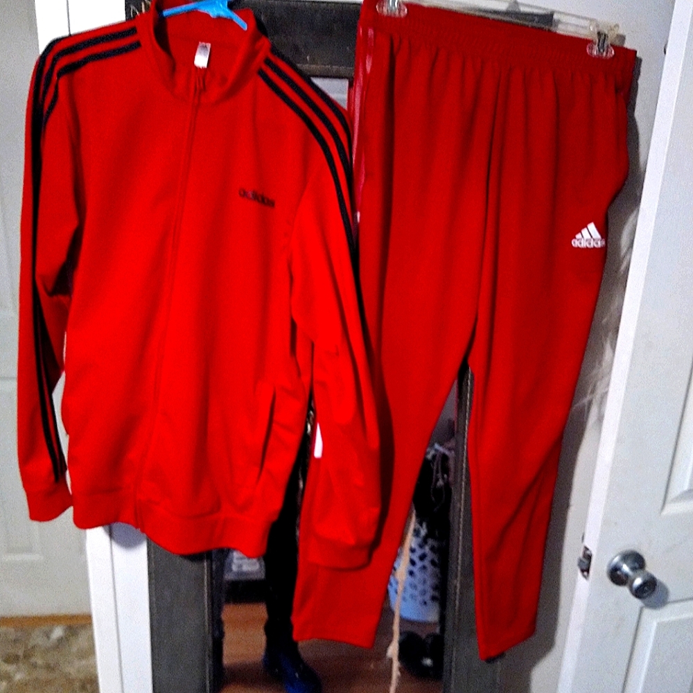 Red Adidas track suit (red with black lines zip up and red with white joggers)